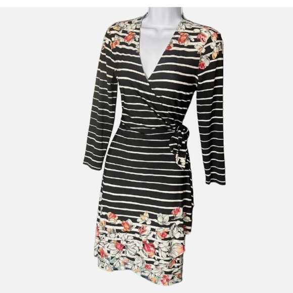 Pink BCBGMaxazria Wrap Dress Black and White Stripe Floral Party Dress Size: S - Picture 3 of 9